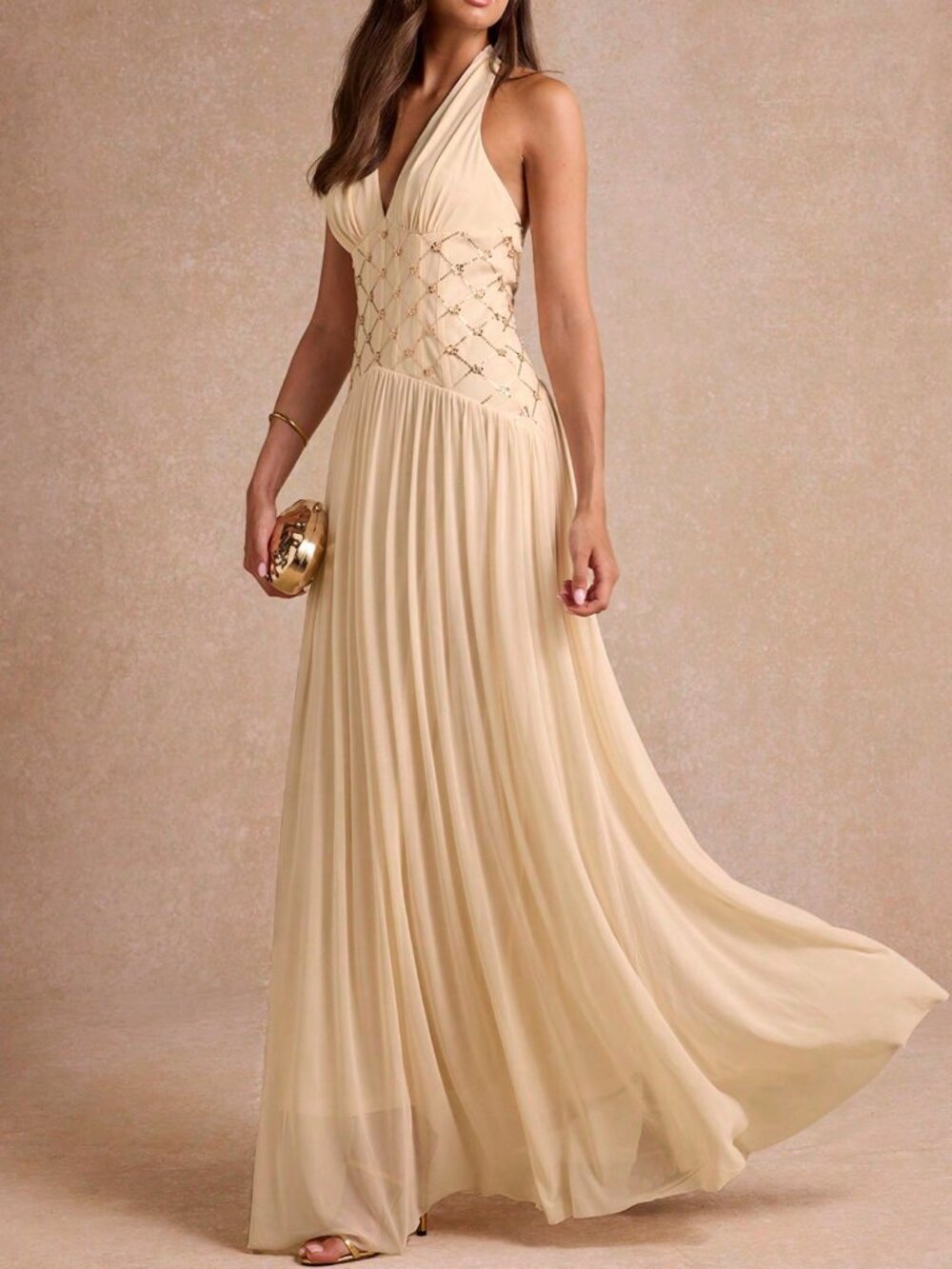 Apricot elegant Womens Premium Romantic Elegant Sequin detail Pleated maxi Dress